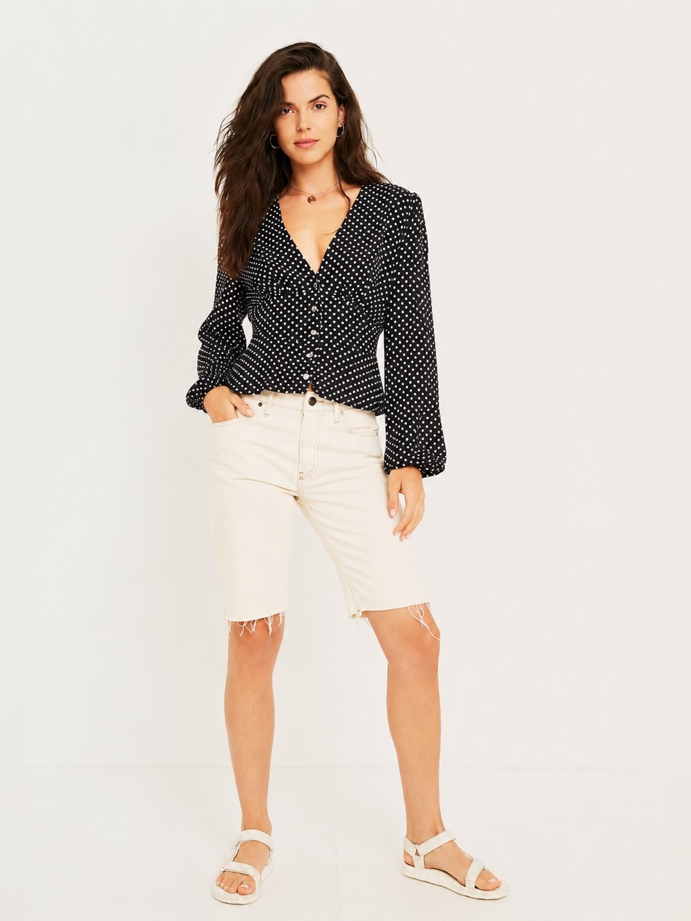 Free People "Love Street" Top Black and White Polka Dot Blouse Size Medium